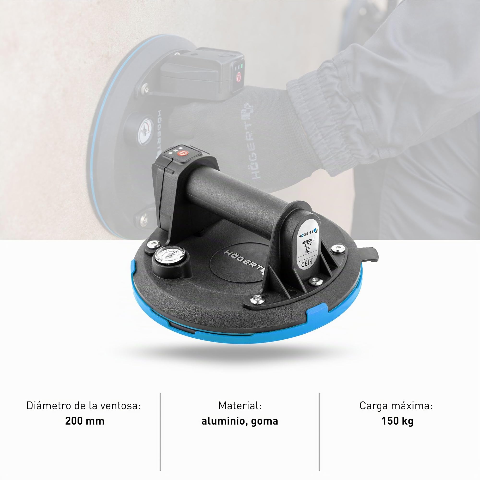 Högert Technik - Elevador de succión con batería de 200 mm con manómetro, aspirador de batería Heavy Duty Ventosa, carga: 150 kg, ventosa se utiliza al transportar cristales de ventana, objetos lisos