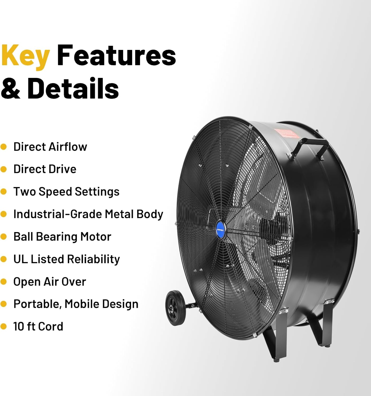 NORTHSKY 30" Industrial Drum Fan, 10500 CFM High-Velocity, 2-Speed, 1/4 HP Powerful Motor, 5 IN Wheels Barn Fan, for Workshop Factory Warehouse Garage Gym