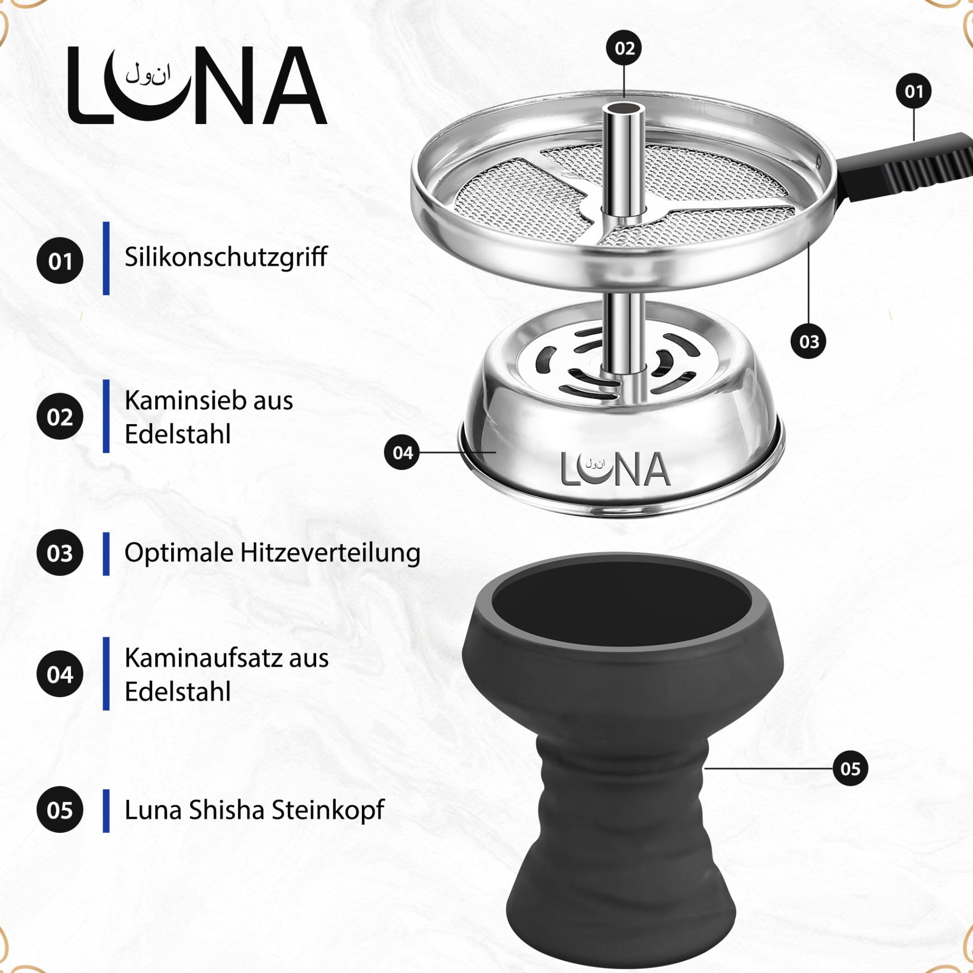 Luna Vacanza - Shisha de aluminio y acero inoxidable, pipa de agua, cabezal de chimenea, juego completo, tubo de inmersión con difusor, manguera de silicona, boquilla de aluminio, color negro