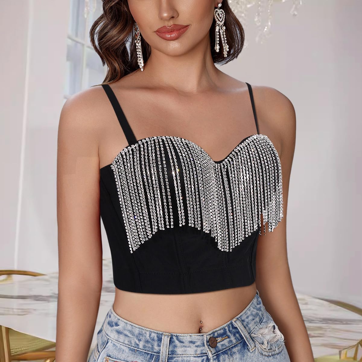 Erinaco Women's Rhinestone Diamond Tank Top Color Beaded Sling Tube Top Bustier Vest Crop Top Sexy Corset Bra Summer - Image 4