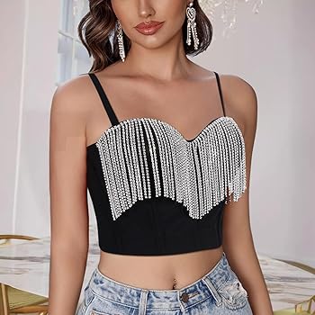 Segreto Women's Sexy Rhinestone Fringe Push Up Bustier