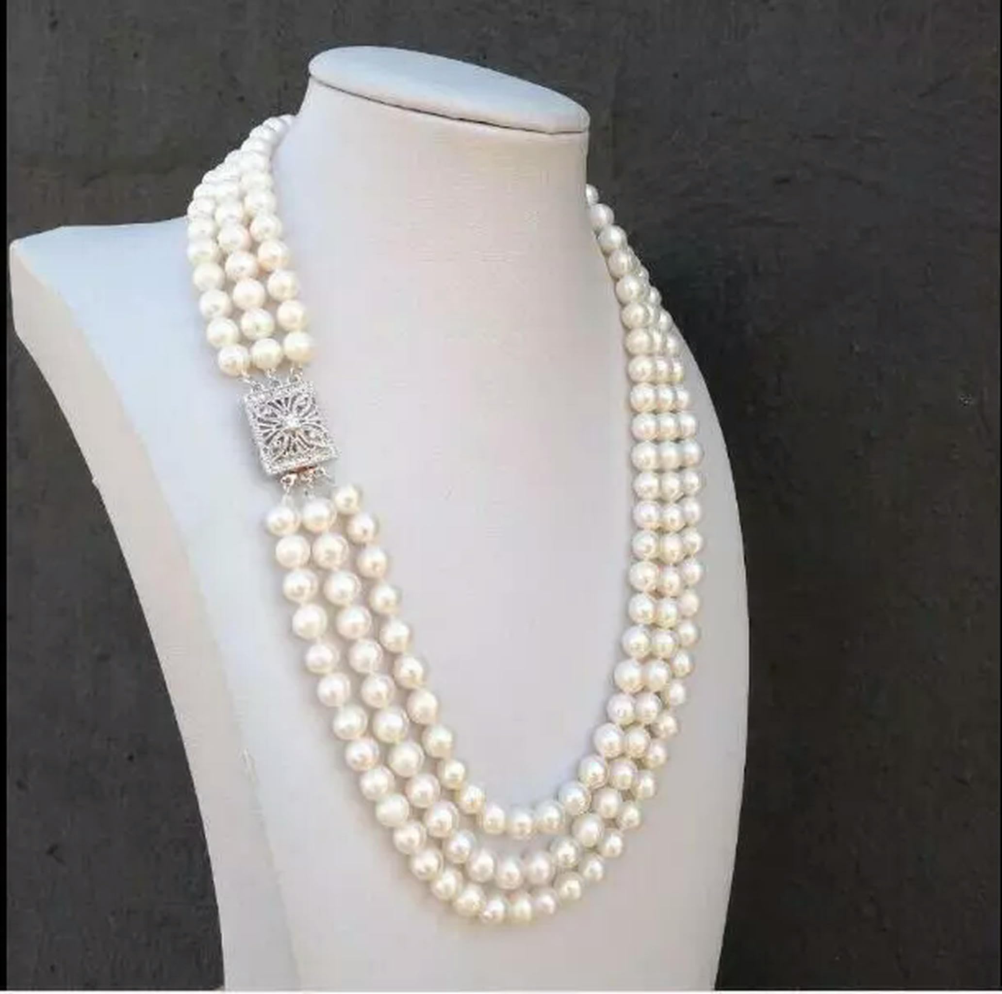 Collar de Tres Vueltas con Perlas Blancas genuinas de los Mares del Sur (AAA), 7-8 mm, 45,7 cm, 48,2 cm y 50,8 cm, Plata 925