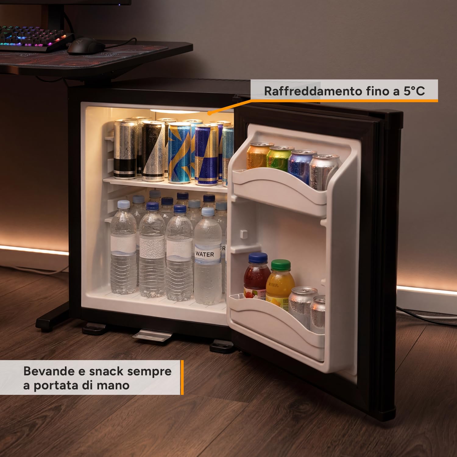 TZS First Austria - Mini Frigorifero 30L completamente silenzioso - Piccolo Minifrigo con porta reversibile e luce interna - Minibar per campeggio, ufficio, camera da letto e hotel - Nero opaco