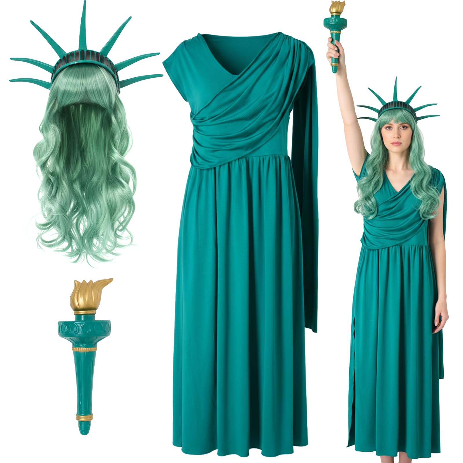 ShinyMatch 4 Piece Statue of Liberty Costume Set with Torch Tiara Green Dress Wig for Women Halloween Parade Patriotic Events, Green, Gold, Large