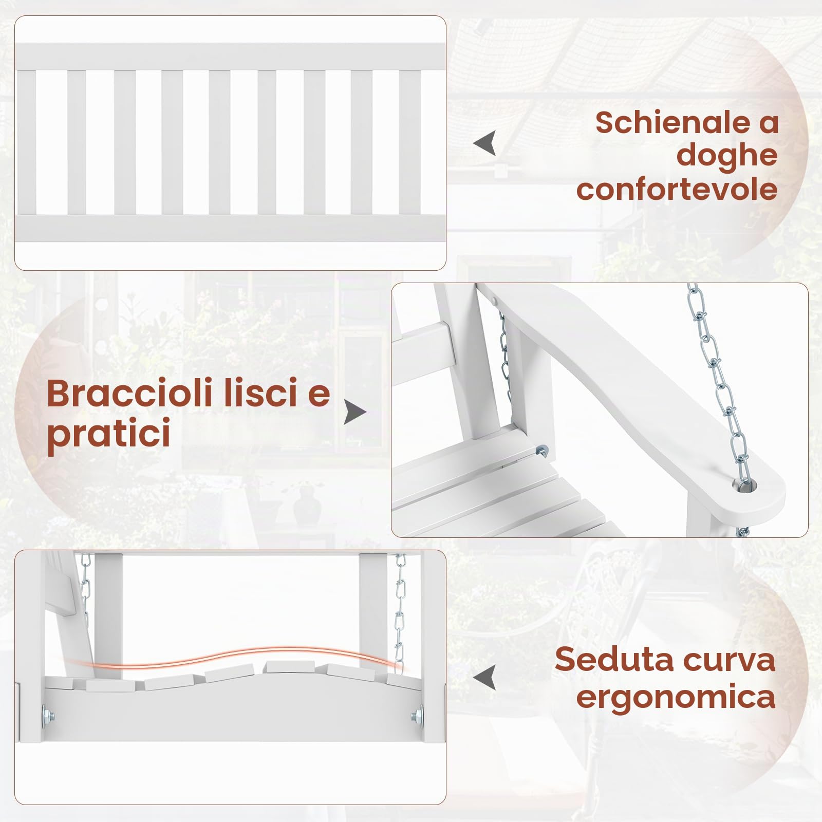 GIANTEX Altalena sospesa in legno per 2/3 persone con catene in metallo zincato regolabili e resistenti, con schienale a doghe e seduta per patio giardino (136 x 67 x 63 cm, bianco)