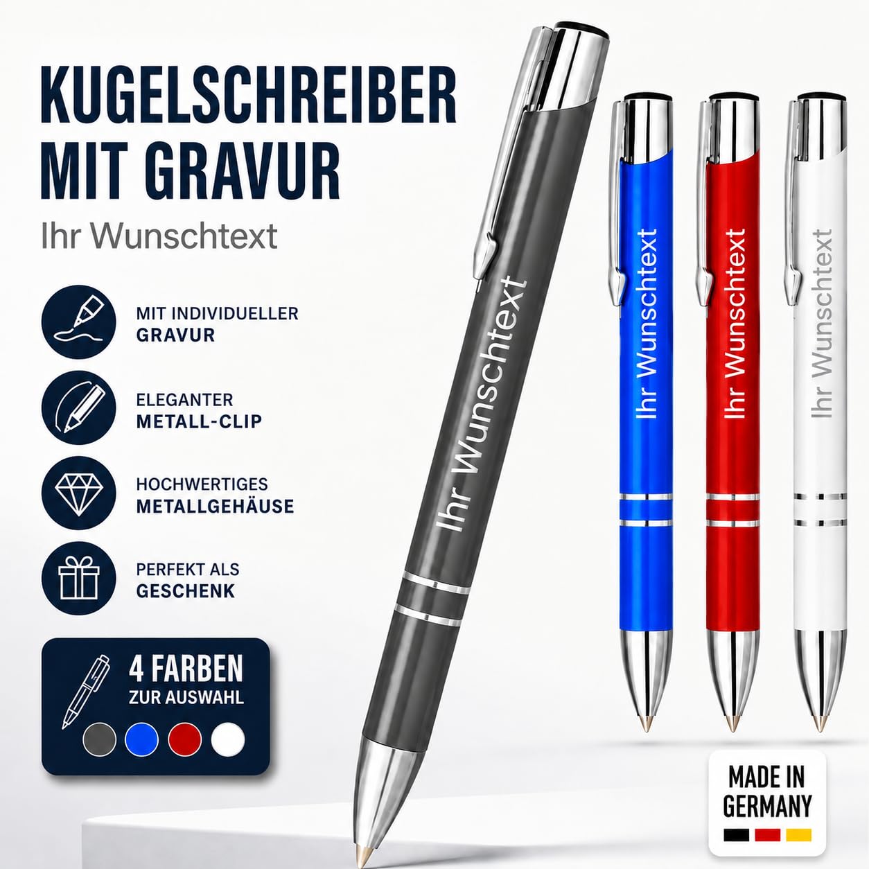 Kugelschreiber personalisiert mit Gravur – hochwertiger Metall Kuli mit Namen – blaue Tinte – eleganter personalisierter Kugelschreiber als Werbegeschenk, Set oder Einzelstück (100, Grau)