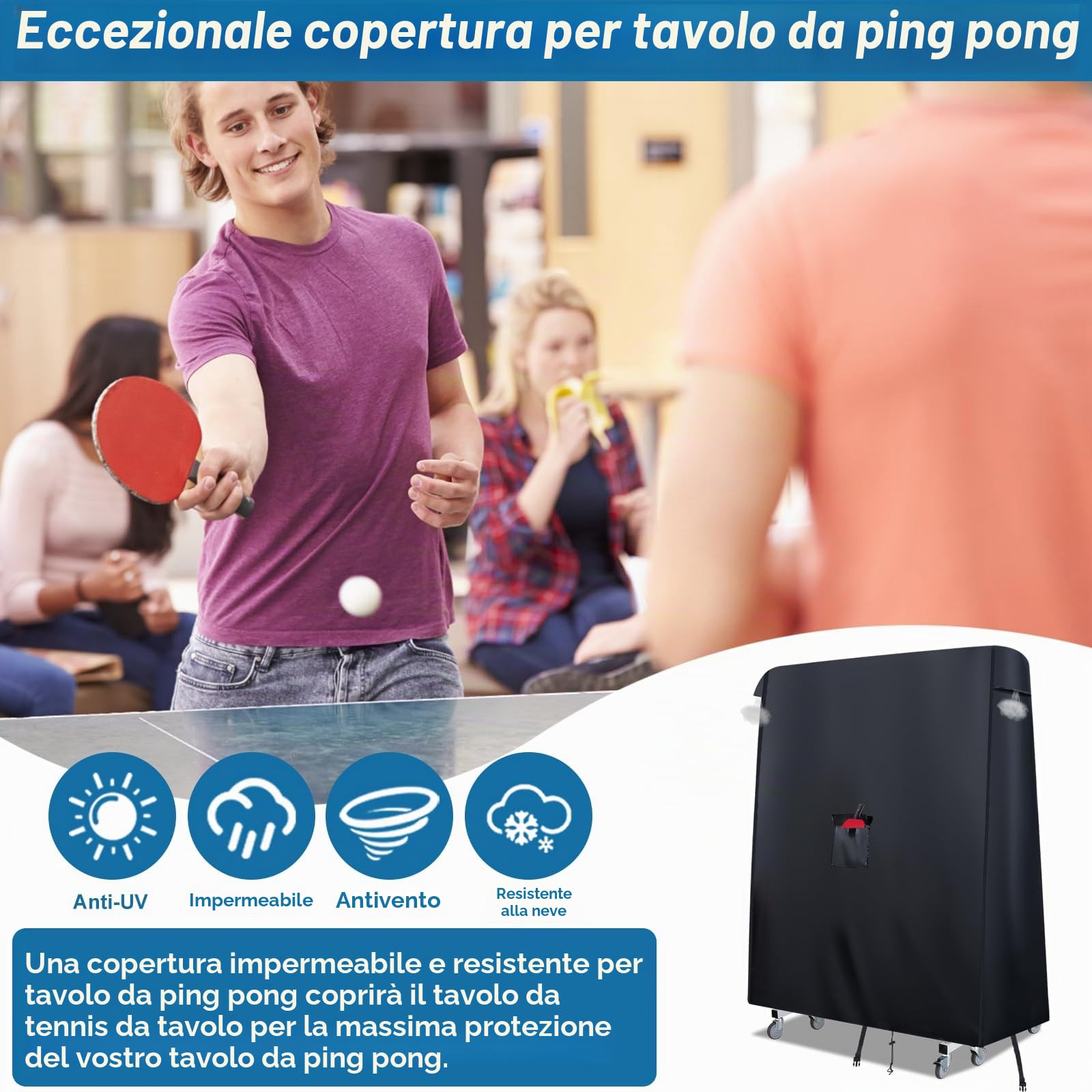 Copertura impermeabile per tavolo da ping pong, 420D, con 2 fibbie antivento, tasca per pagaia e presa d'aria, copertura universale per tavolo da ping pong, 165 x 70 x 185 cm