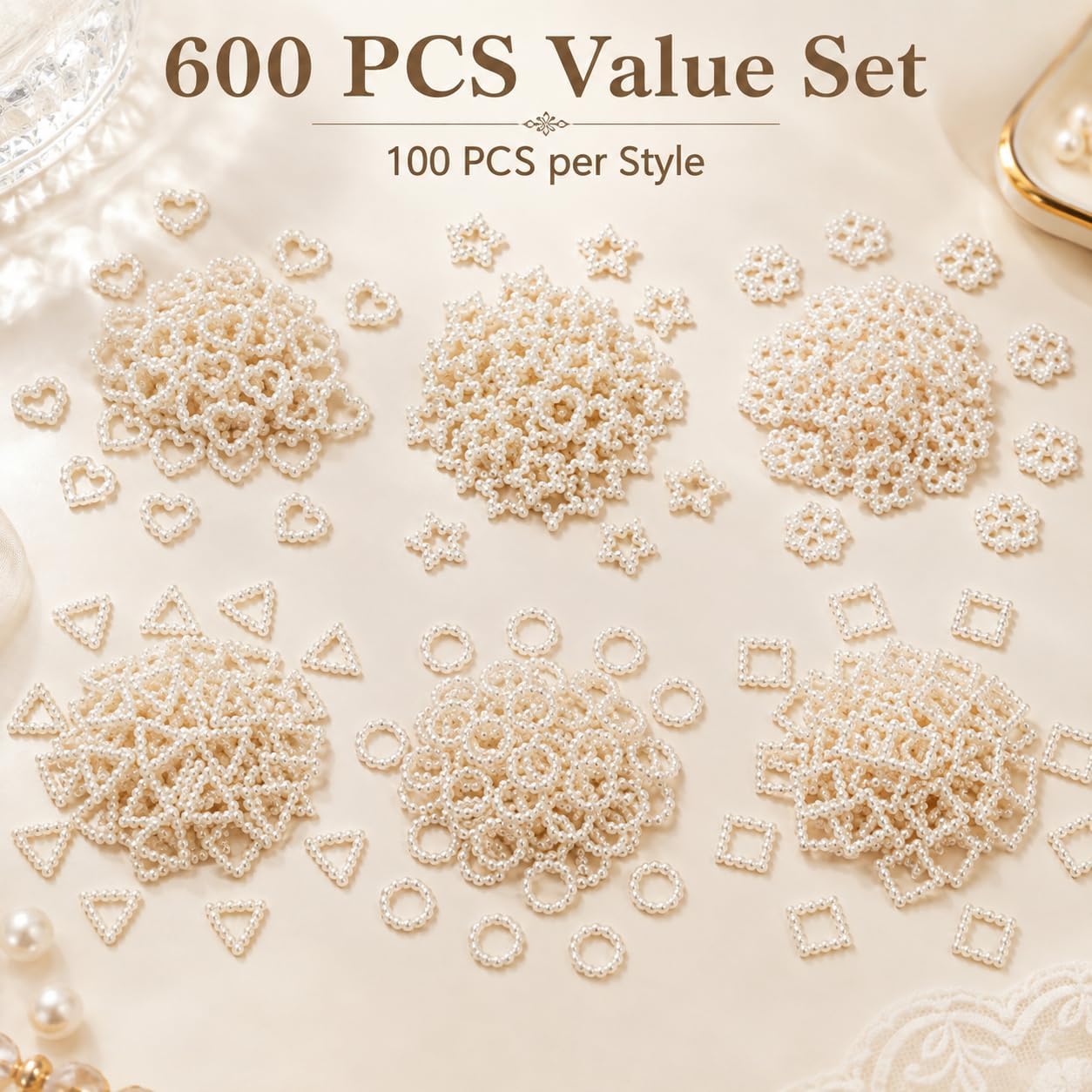 600PCS Nail Charms, Hollow Pearl Nail Art Accessories for Manicure DIY