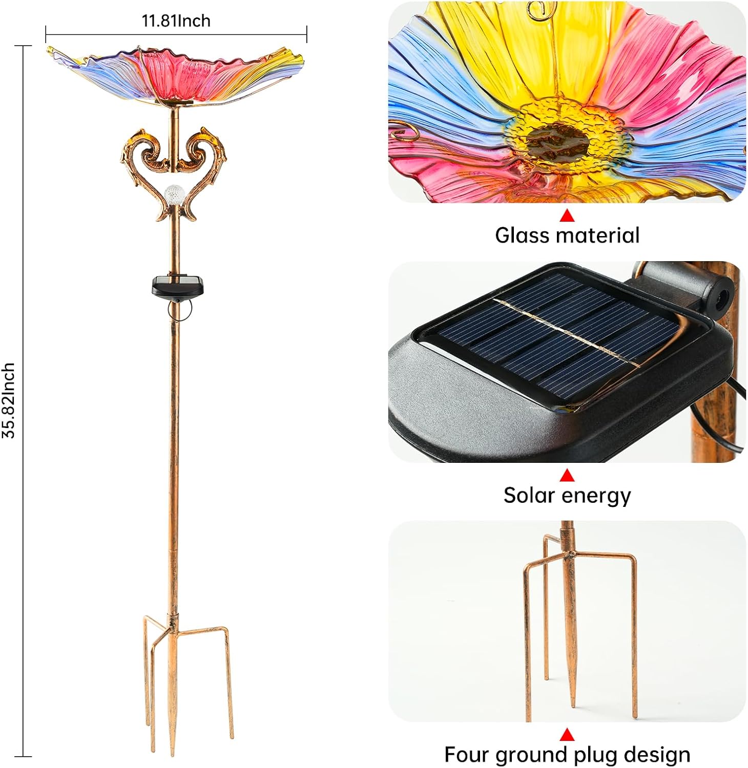 Garden Decor Gifts Solar Glass Blue Bird Bath Yard Art Garden Outdoor Birdbath with Metal Stake with White LED Light Metal Stake Garden for Women