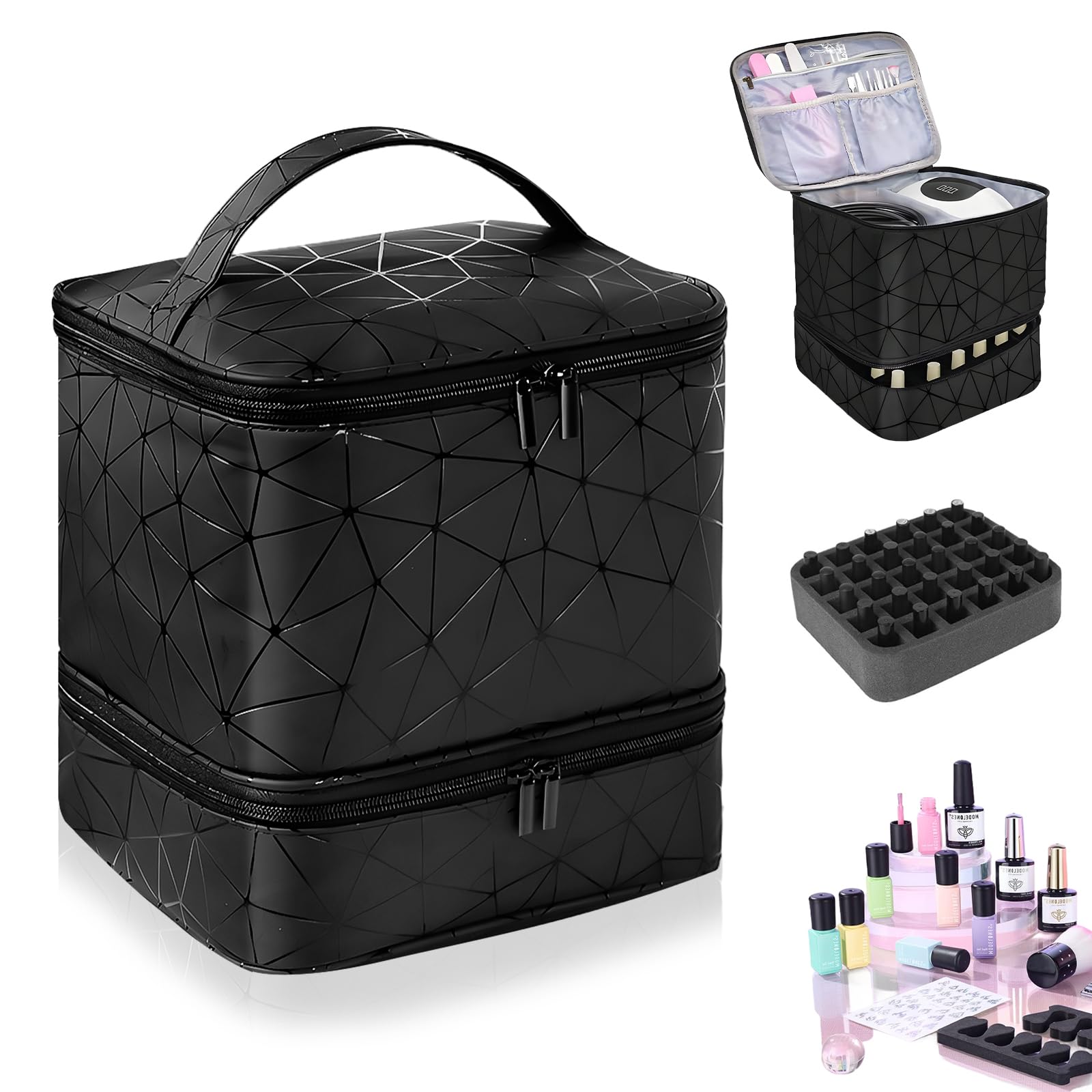 HA BIN Organizador de Esmaltes de Uñas Doble Capa para 30 Botellas + Lámpara Bolsa de Viaje Impermeable con Compartimentos, para Manicura Profesional y en Casa