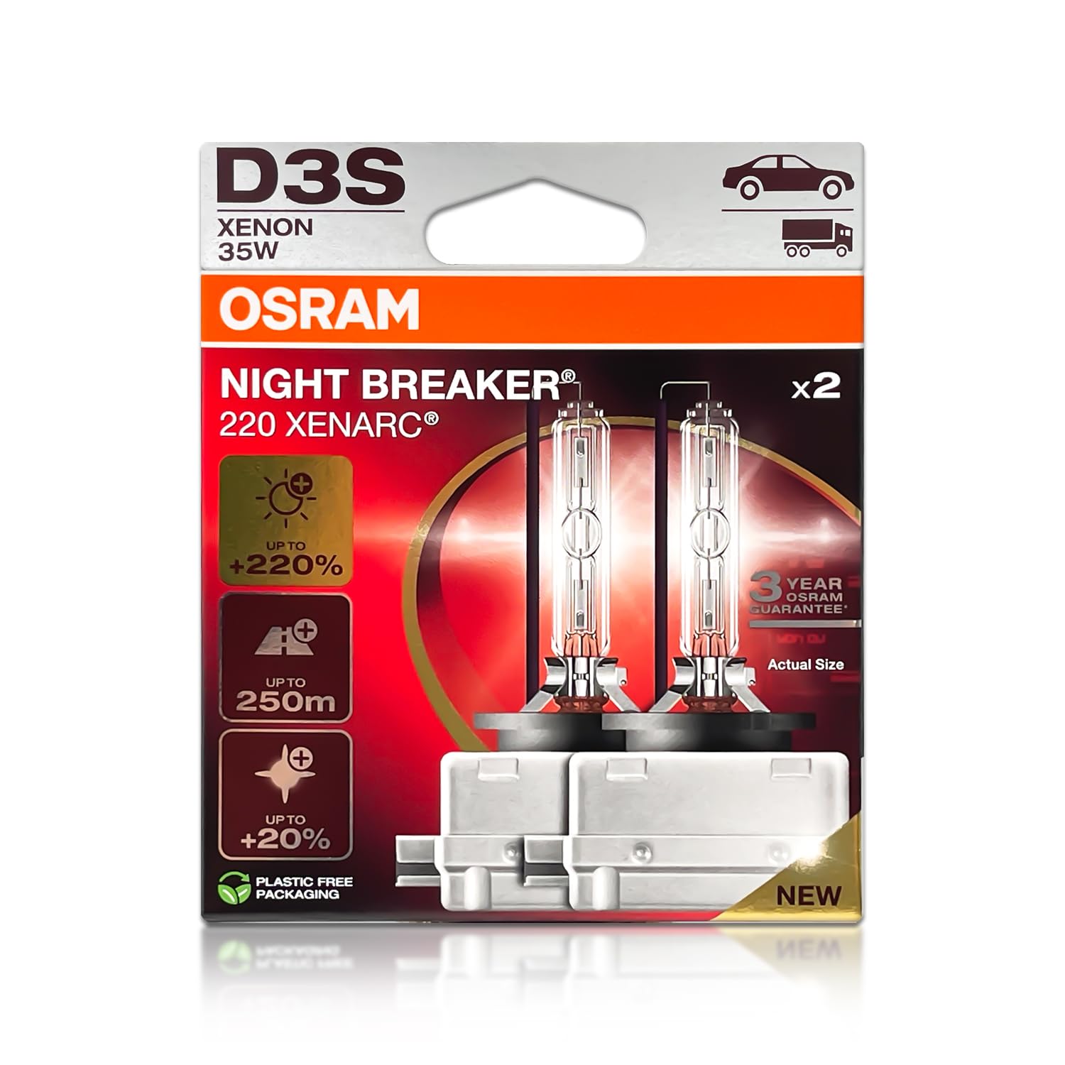 D3S Night Breaker 220 HID Xenon Headlight Bulbs 66340XN2-2HB, Pack of 2 | 42V, 35W, PK32d-5 Base, Made in Germany