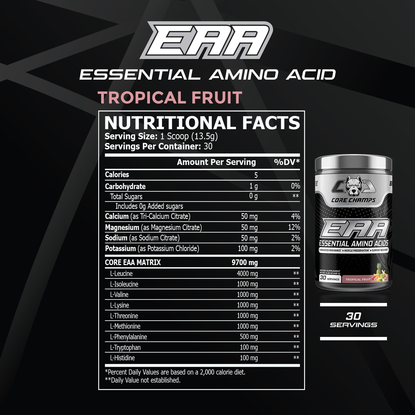 Core Champs EAA Powder | Essential Amino Acids for Enhanced Endurance & Recovery | All 9 Vital Aminos | 9.7g Core EAA Matrix | 30 Servings (Tropical Fruit)