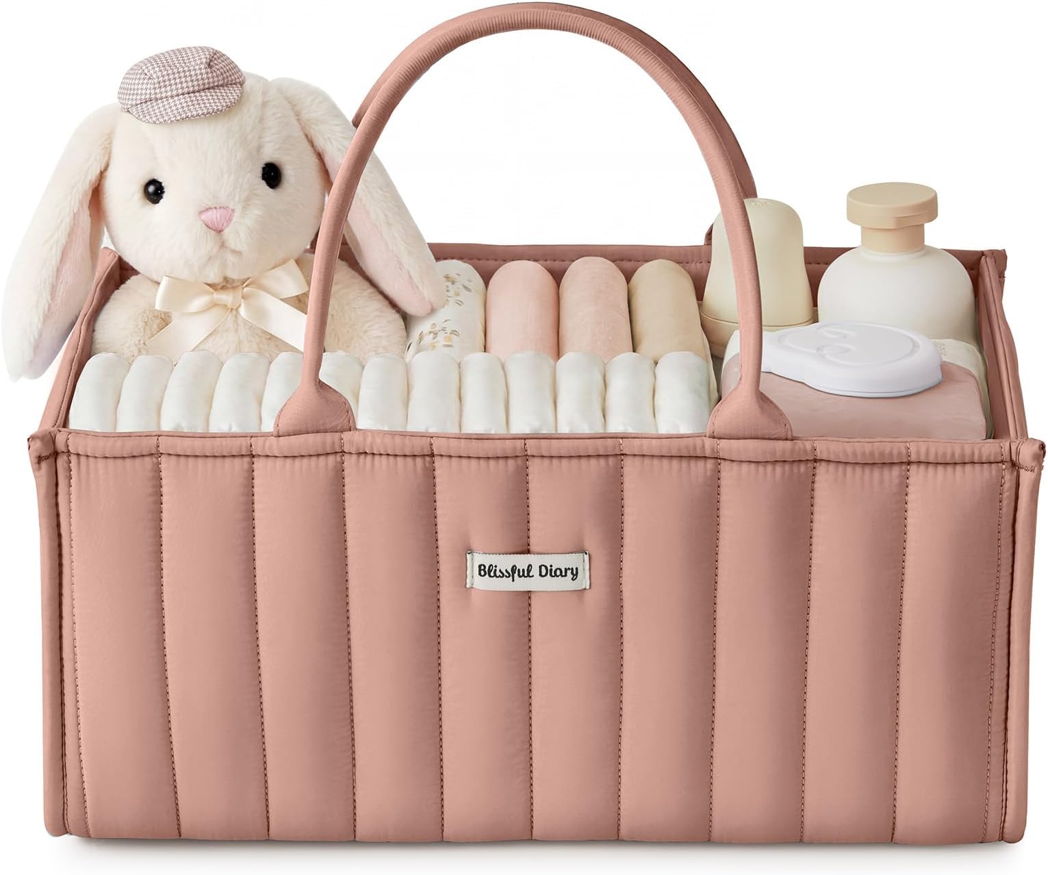 Blissful Diary Blush Pink Modern Stylish Baby Diaper Caddy Organizer, 3 Compartment Portable Car Travel Basket for Girls Boys