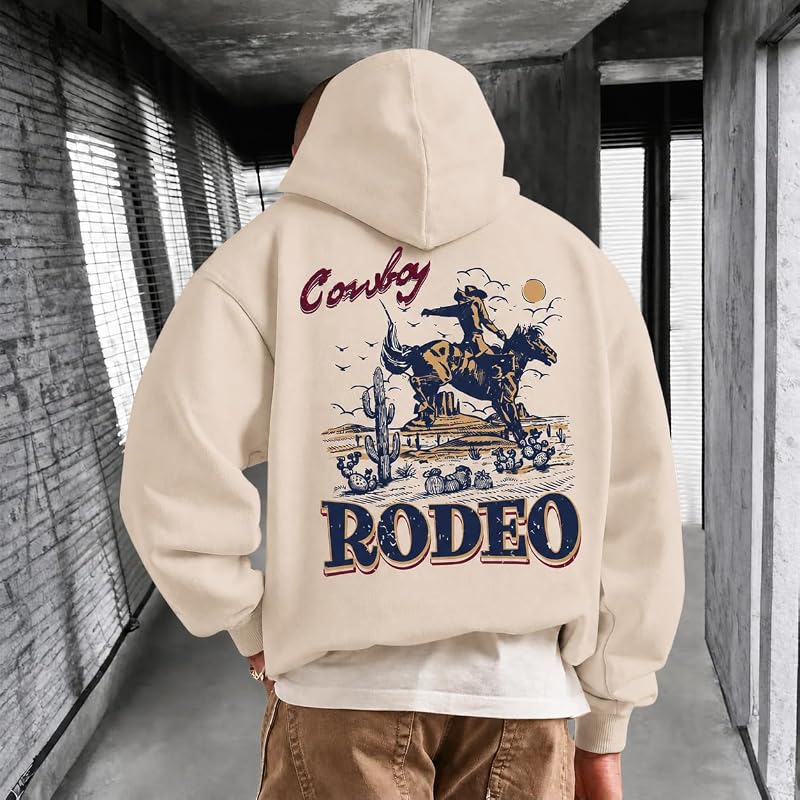 Bobeutou Western Hoodies for Men Vintage Rodeo Cowboy Sweatshirt Graphic Hoodie Country Concert Pullover Tops(Apricot,L) image 4