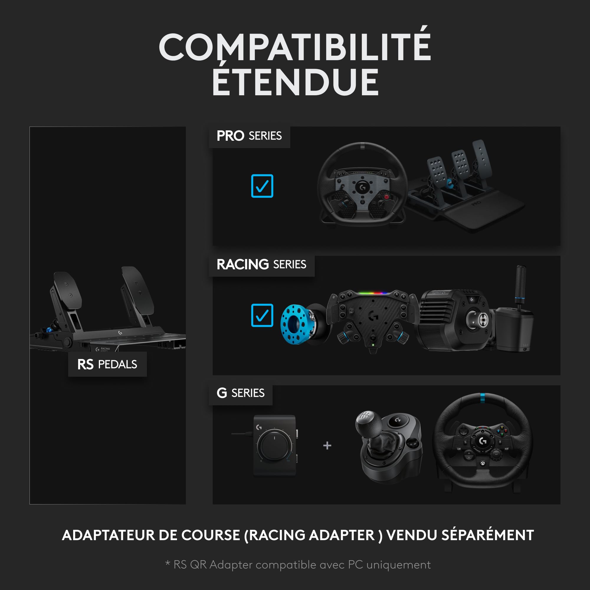 Logitech G RS Pedals - Pédales de simulation de course avec frein à capteur de pression 75 kg, positionnement des pédales réglable, conception modulaire, châssis en acier robuste et extensible - Noir