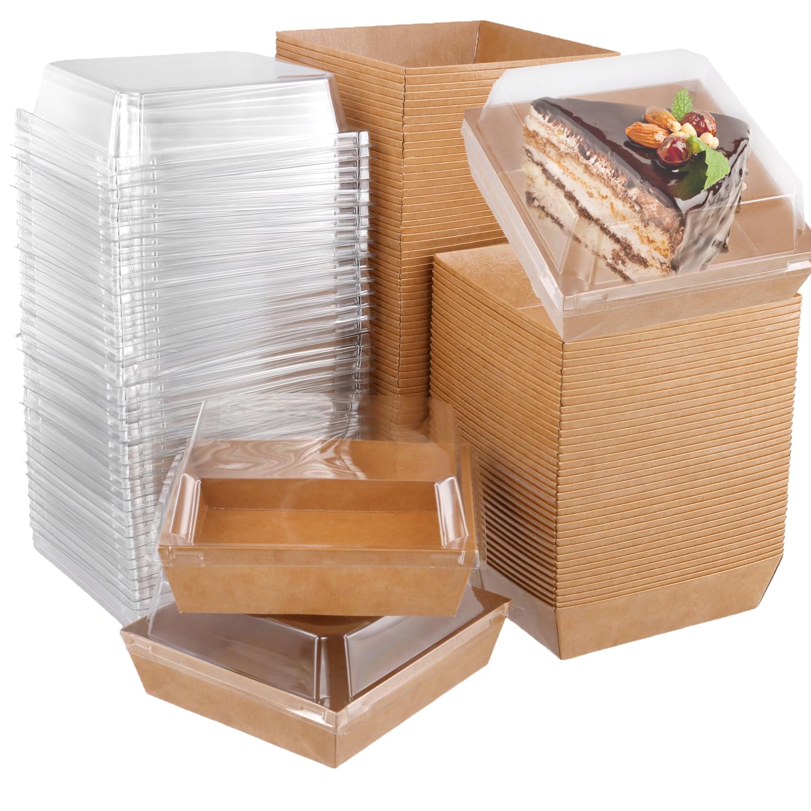 100 cajas cuadradas de papel kraft para tartas de 13,5 x 12,5 x 6 cm, con tapas transparentes de plástico, cajas de postre marrones para cupcakes, sándwiches, galletas