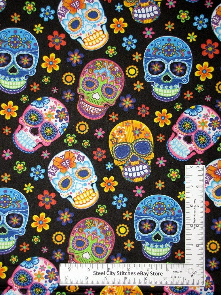 Quality Fabric Sugar Skull Fabric Skulls Flowers Multi Color on Black 100% Cotton Yard 36 x 44 Inches