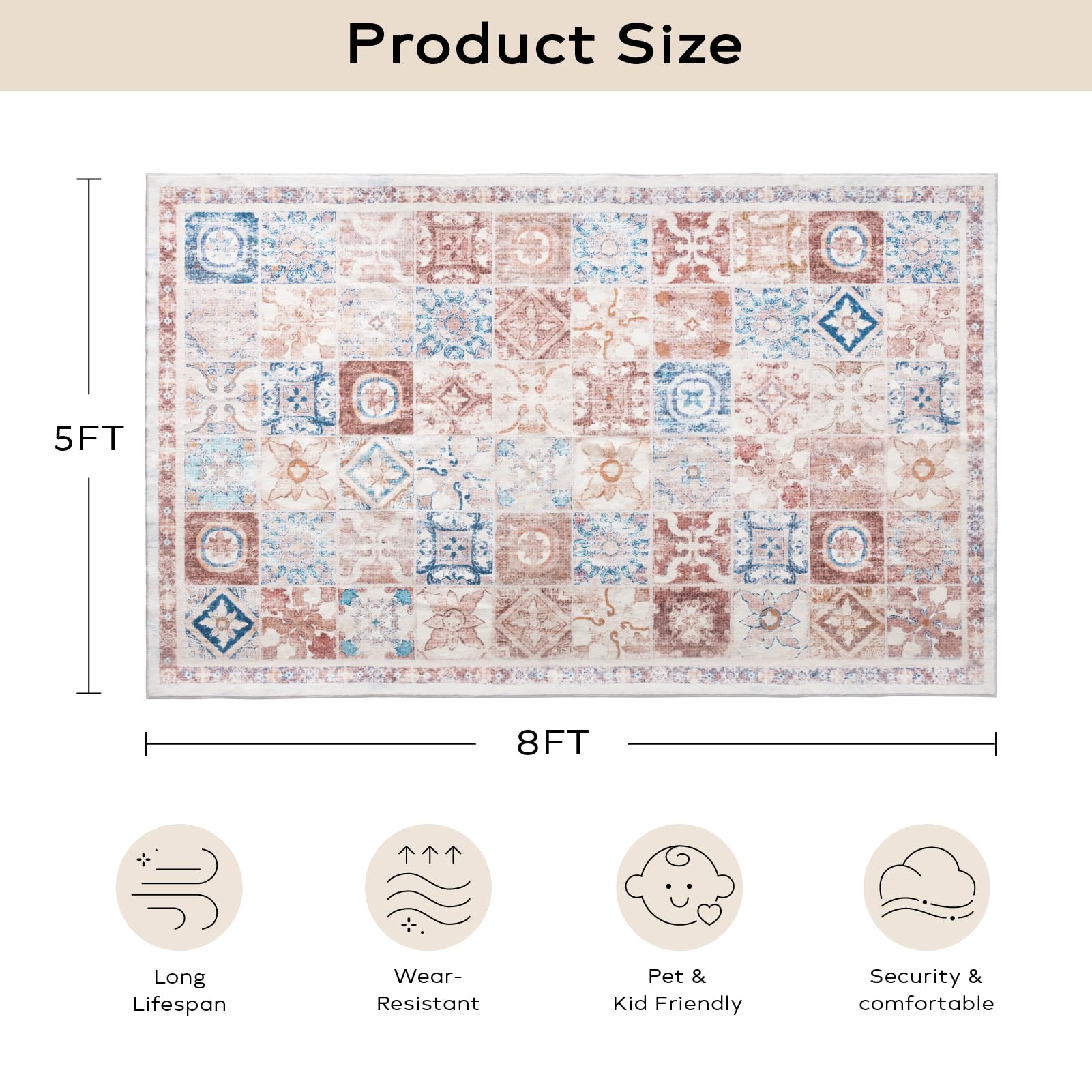 Ashler Boho Rug, 5x8 Vintage Rugs, Large Area Rugs, Moroccan Area Rug for Living Room, Bedroom, Kitchen Dining Room, Light Brown-Blue Home Decor, Non-Slip & Machine Washable Rugs, Carpet Decoration