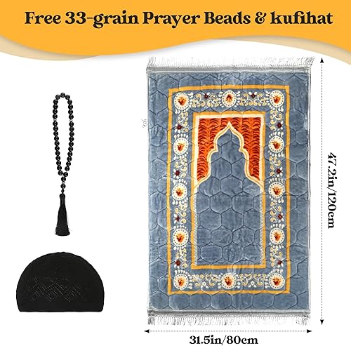 Miniatura 2 de Alfombra de oración musulmana con cuentas de oración Tasbih y sombrero de kufi, acolchada muy gruesa, alfombra de oración para hombres y mujeres