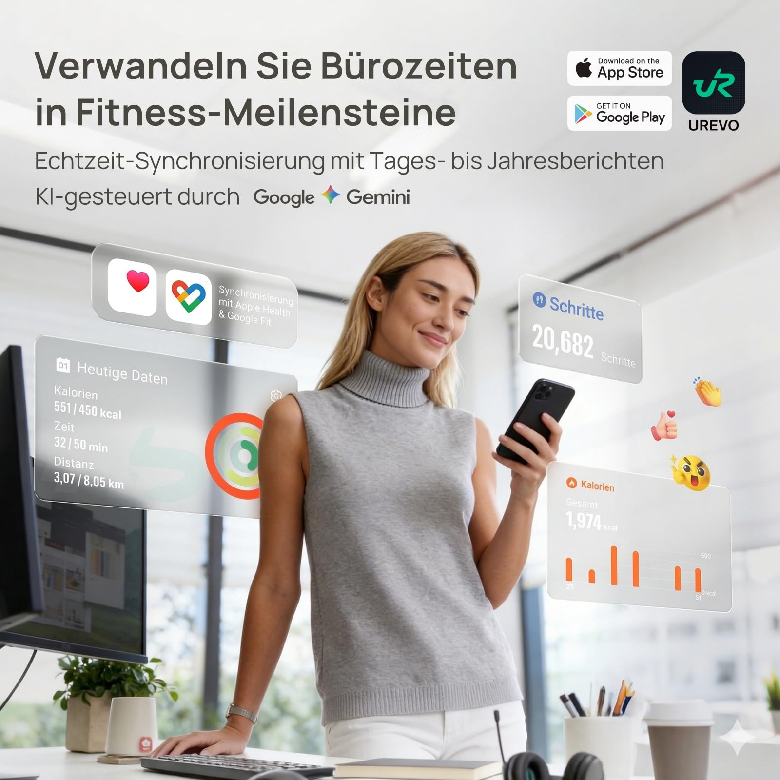 UREVO Automatische Steigung Walking Pad Mit KI-App, Laufband Schreibtisch, Leises Laufband mit bürstenlosem Motor für Wohnungen, kleine Räume und Homeoffice, 12-Punkt-Stoßdämpfung & virtuelles Wandern