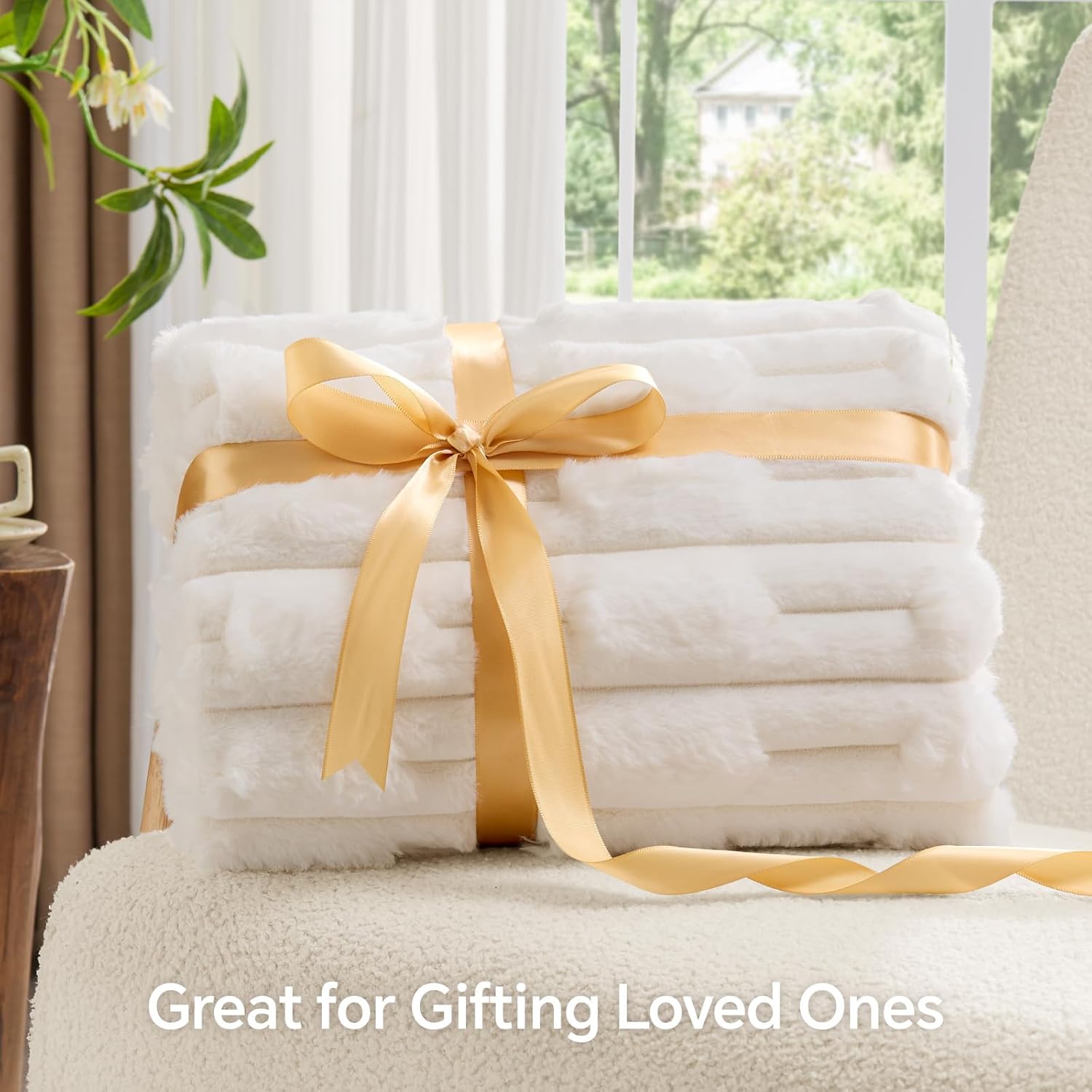 BEDELITE Faux Fur Cream Throw Blanket for Couch - Super Soft & Cozy Plush Striped Blanket for Sofa and Room Decor, Luxury Fluffy All-Season Blankets Gift for Women, Men, Mom, Dad, 50x60 inch, Cream - Image 5