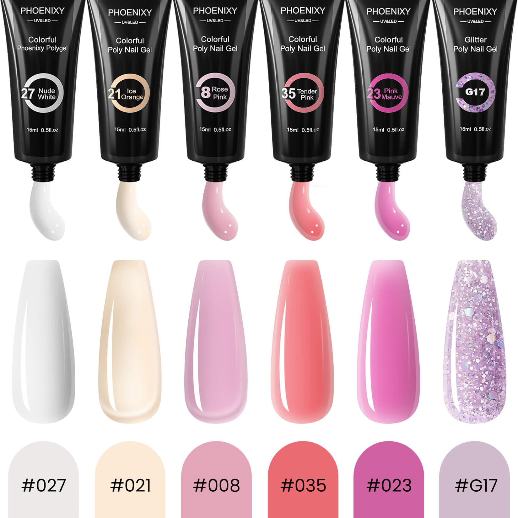 Phoenixy Kit Unghie Gel Completo 6 Colori 15 ML Gel Ricostruzione Unghie Rosa Viola Base Coat e Top Coat Kit Ricostruzione Unghie Principiante Arti delle Unghie Fai Da Te Lime per Unghie