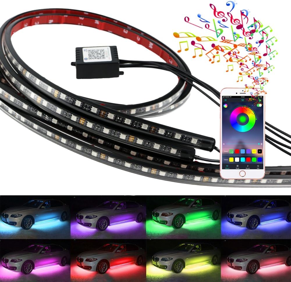4PCS APP Control Car Flexible 180 LED Strip Decorative Atmosphere Light Neon Car Underglow Kit Underbody Lights