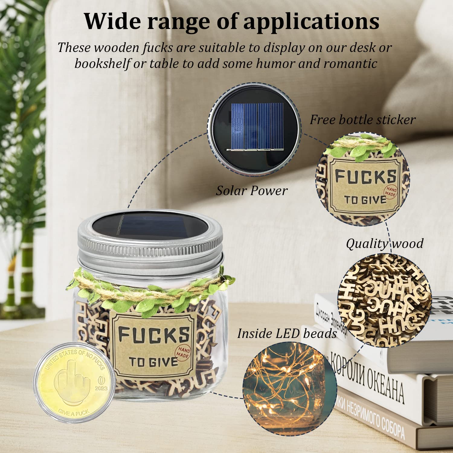 F*cks to Give, Jar of F 10oz Solar Lights Fuck Wooden Cutouts Letter Piece Novelty Gift for Valentine's Day, Anniversary, Couple, Holiday(10oz Fuck +Solar Lights Mason Jar)