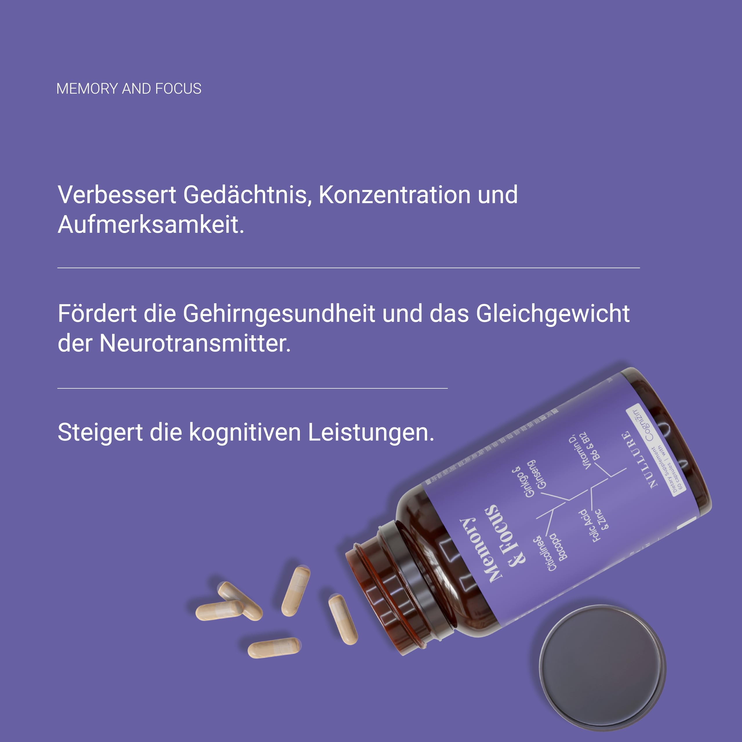 Nullure Memory & Focus Konzentration Complex | Unabhängig getestet | Nootropic | Citicolin CDP Cholin + Ginko + Bacopa | Vegan & Ohne Zusätze | Gedächtnis Kapseln | 60 Kapseln (1 monat)