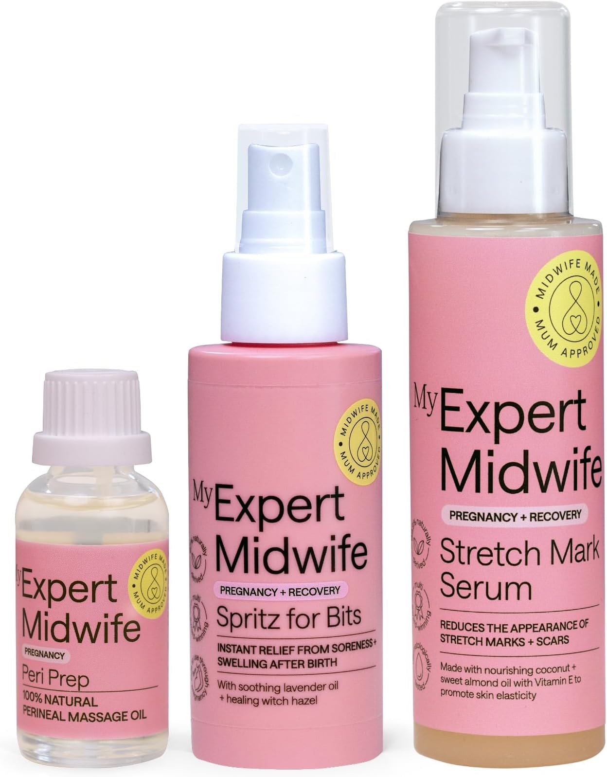 Pregnancy and Birth Essentials - with Fantastic Skin Elastic Stretch Mark Cream, Peri Prep Perineal Massage Oil and Spritz for Bits Postnatal Relief Spray