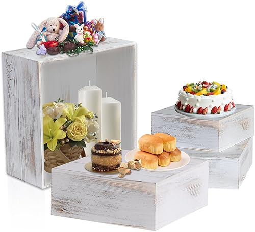 Soporte de madera para cupcakes, juego de 4 elevadores de exhibición encalados con apilable, estilo antorchado, soporte vintage para tartas con