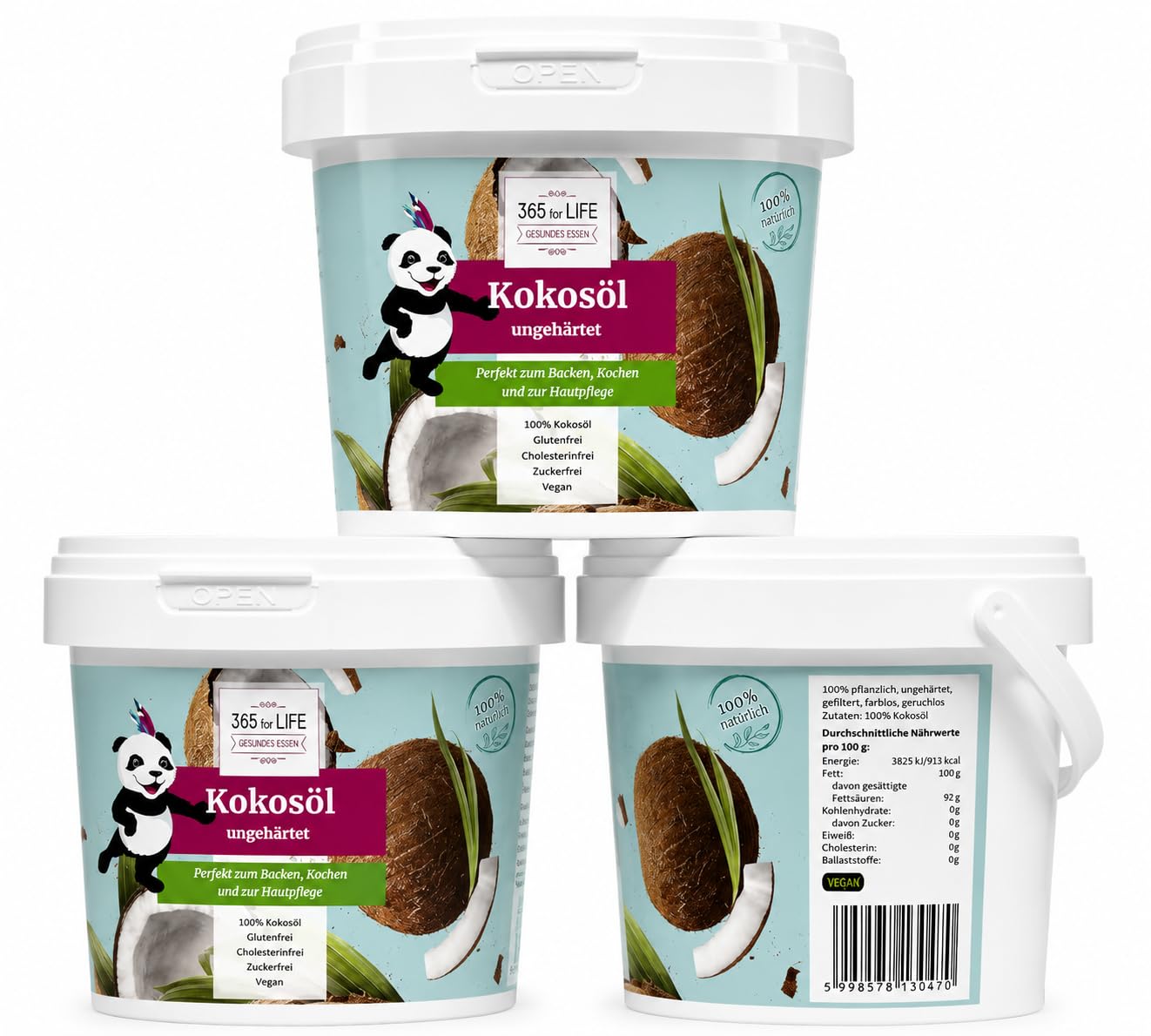 Kokosöl ungehärtet 3 x 1000 ml – 100% pflanzlich, geruchsneutral, glutenfrei, vegan – Ideal zum Backen, Kochen & Hautpflege
