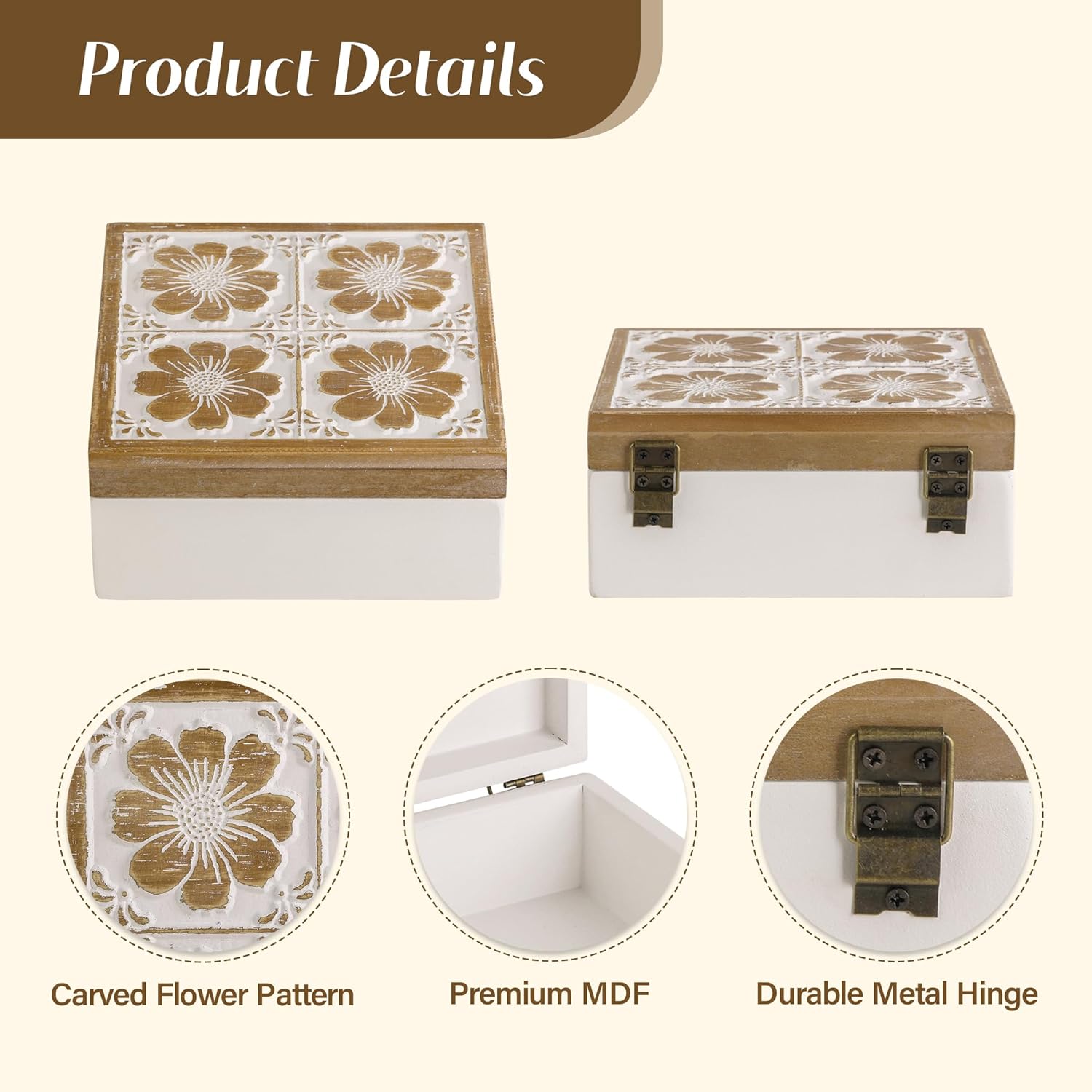 Wooden Keepsake Box - Decorative Floral Wood Boxes with Hinged Lid, Flower Engraved Design, 7.09" W