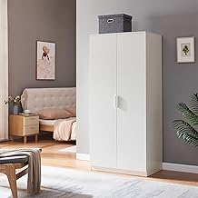 [en.casa] Bedroom Wardrobe with Practical Wardrobe Rail and 4 Shelves Clothes Rack Modern Style Storage Unit 2 Doors for Dressing Room MDF 176 x 80 x 52 cm White