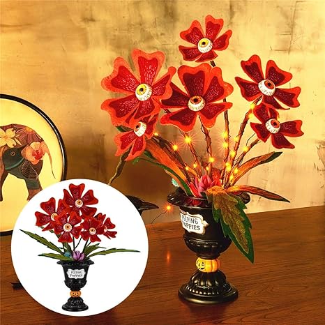 Amazon Com Twinkle Star 萬聖節桌飾 萬聖節多肉植物人造花 古樸花園窺視罌粟花眼球花朵 附30 個led 橘色燈 恐怖植物中心擺設桌面裝飾 居家與廚房