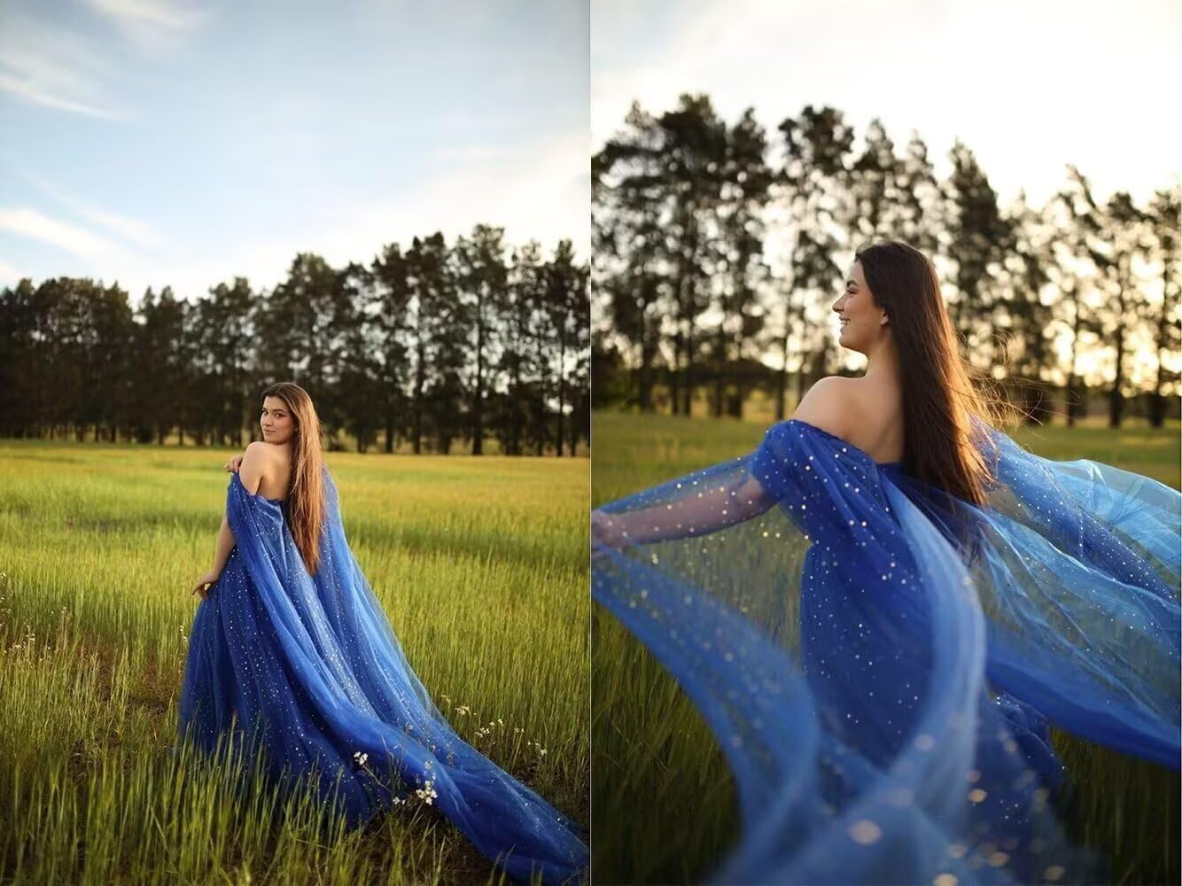 Sparkle Starry Tulle Prom Dresses with Cape Long Ball Gowns Sweetheart A-line Formal Evening Gowns with Pockets - Image 8