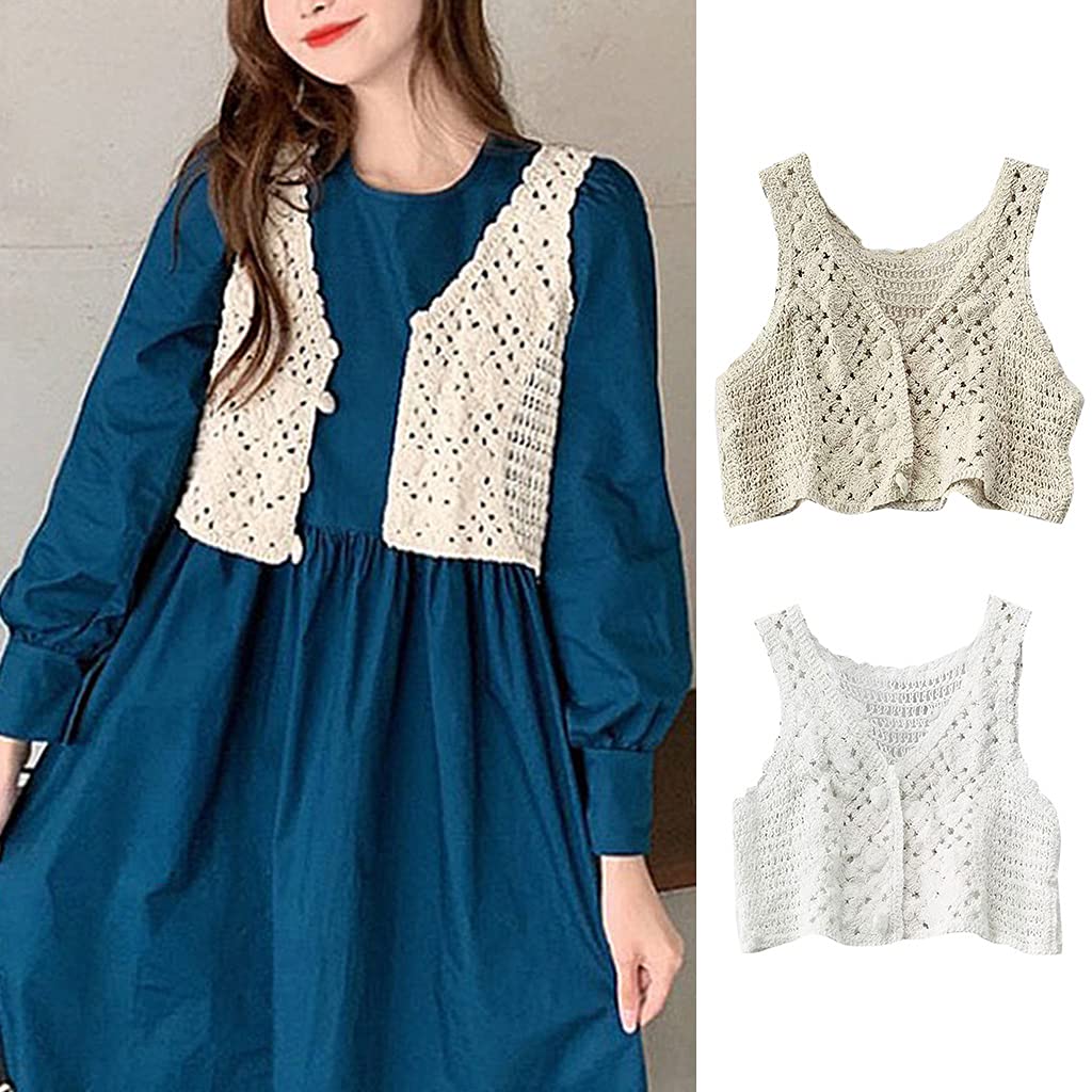 LUOFENG Damen-Weste, gehäkelt, Strick, ärmellos, bauchfreies Top, Weste, florale Spitze, Knopf-Weste für Jac