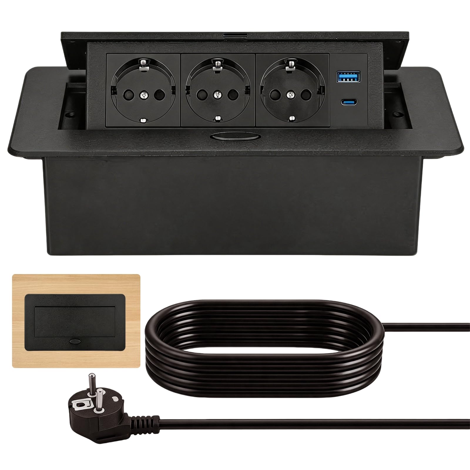 BRGD Enchufe Empotrable de Aluminio, Negro Regleta Retractil 3 Enchufes con Cable de 1,8m y USB para Mesa, Cocina, Banco de Trabajo y Lateral de Armario, 250 V/16 A