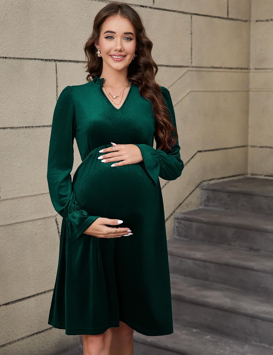 KOJOOIN Maternity V Neck Velvet Dress Women's Ruffle Long Sleeve Cocktail Midi Dresses Photoshoot Baby Shower Fall Dress