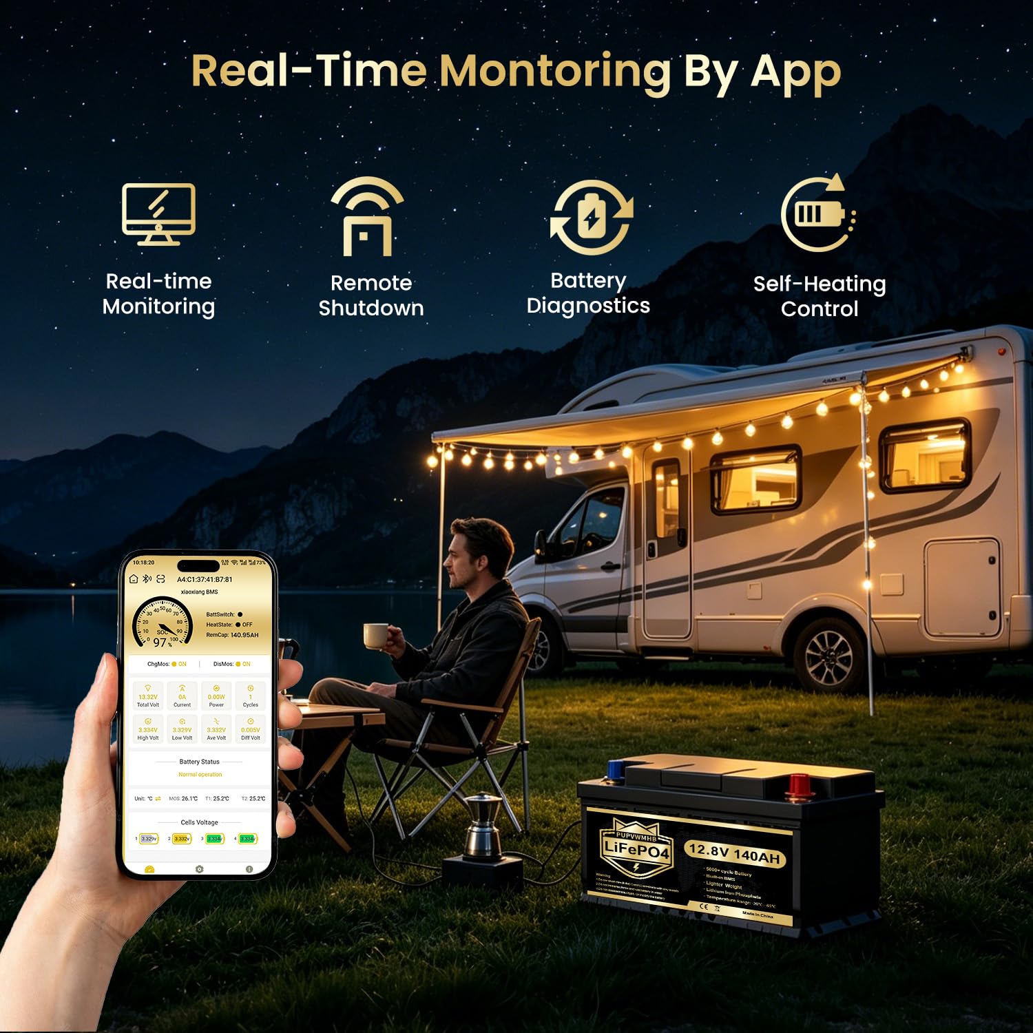 Batterie LiFePO4 12 V 140 Ah avec Bluetooth, BMS 150 A et protection basse température, plus de 15 000 cycles, 1792 Wh, pour camping-car, bateau, camping, solaire et systèmes hors réseau