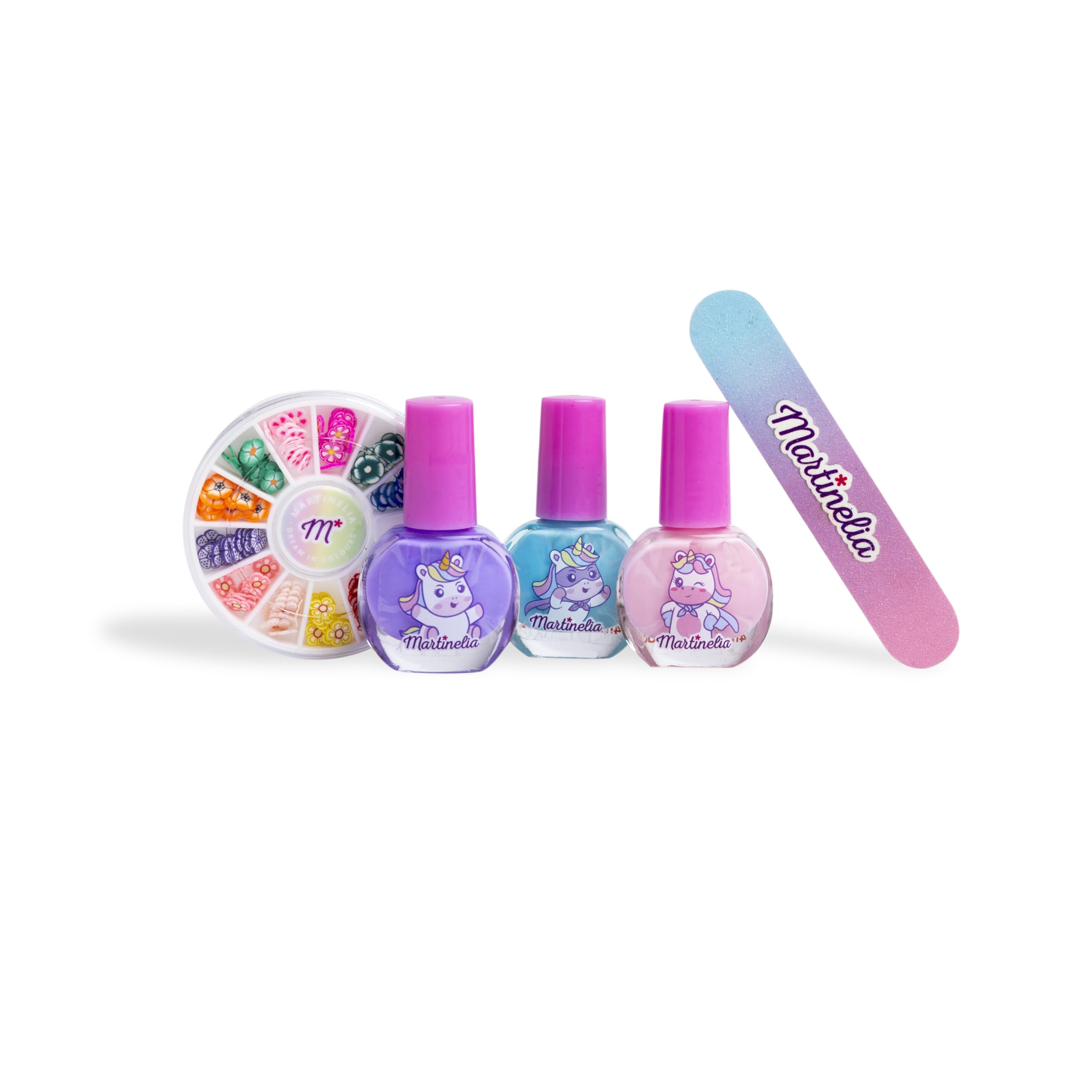 MARTINELIA - Zestaw do manicure z jednorożcem dla dzieci - zestaw do paznokci - 3 różowe, niebieskie i fioletowe lakiery do paznokci + 1 pilnik i dekoracje do paznokci - lakier wodny od 3 lat -
