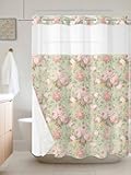 GousSanct Pink Rose Classic Flower No Hook Shower Curtain with Snap in Liner Set,Leaves Plant Sage Green Waterproof Fabric Shower Curtains with See Through Top Window for Bathroom,72Wx84L