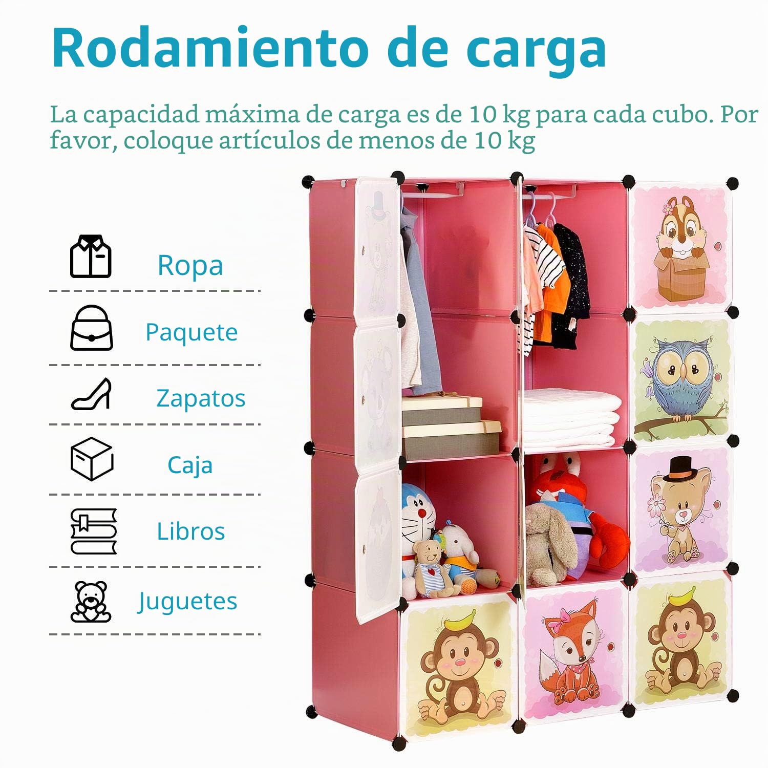 BRIAN & DANY Armario Modular Infantil Animales Puertas Estanterías Almacenaje Rosa 110 x 47 x 147 cm