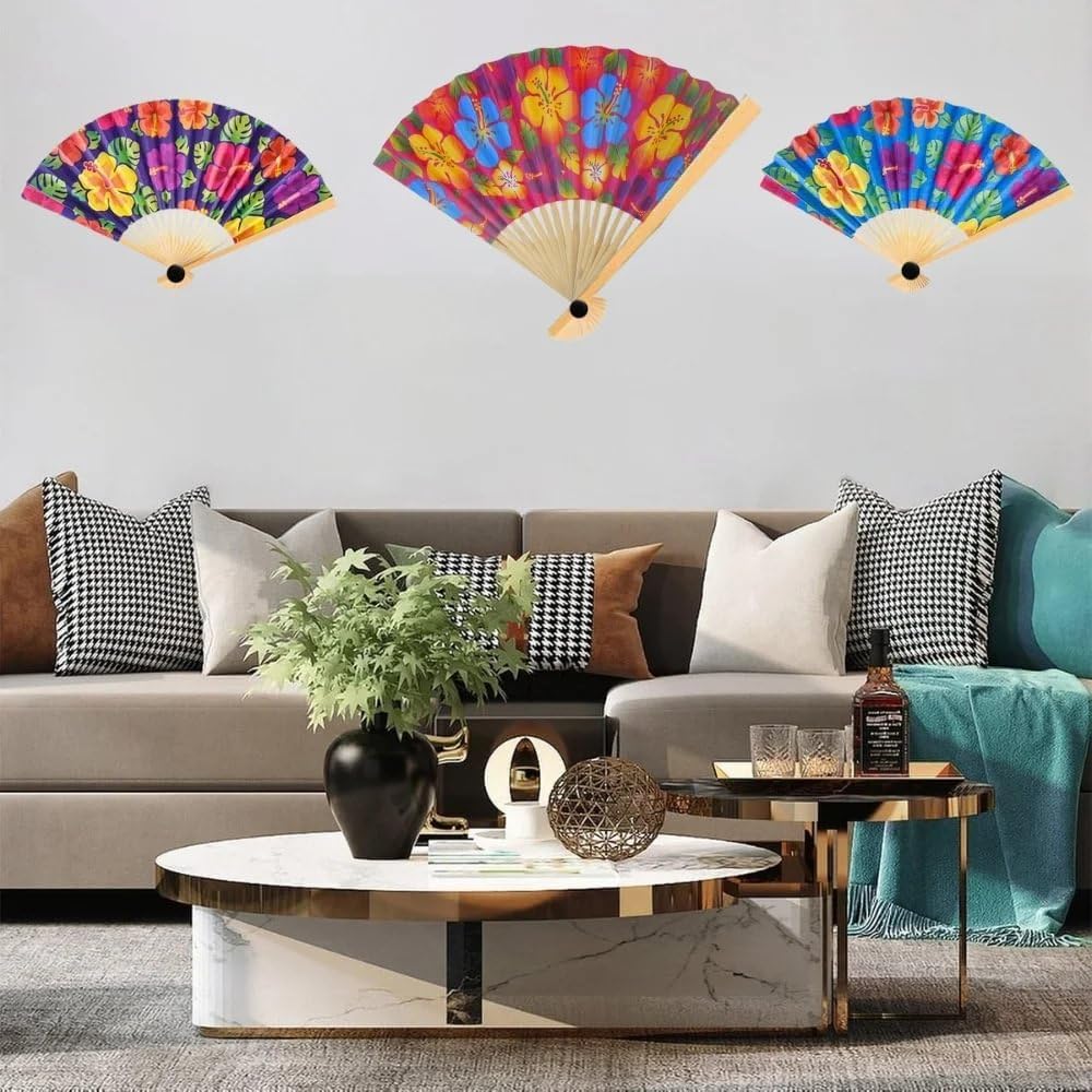 Fun Express - Hibiscus Print Folding Fans for Party - Party Supplies - Favors - Fans - 12 Pieces