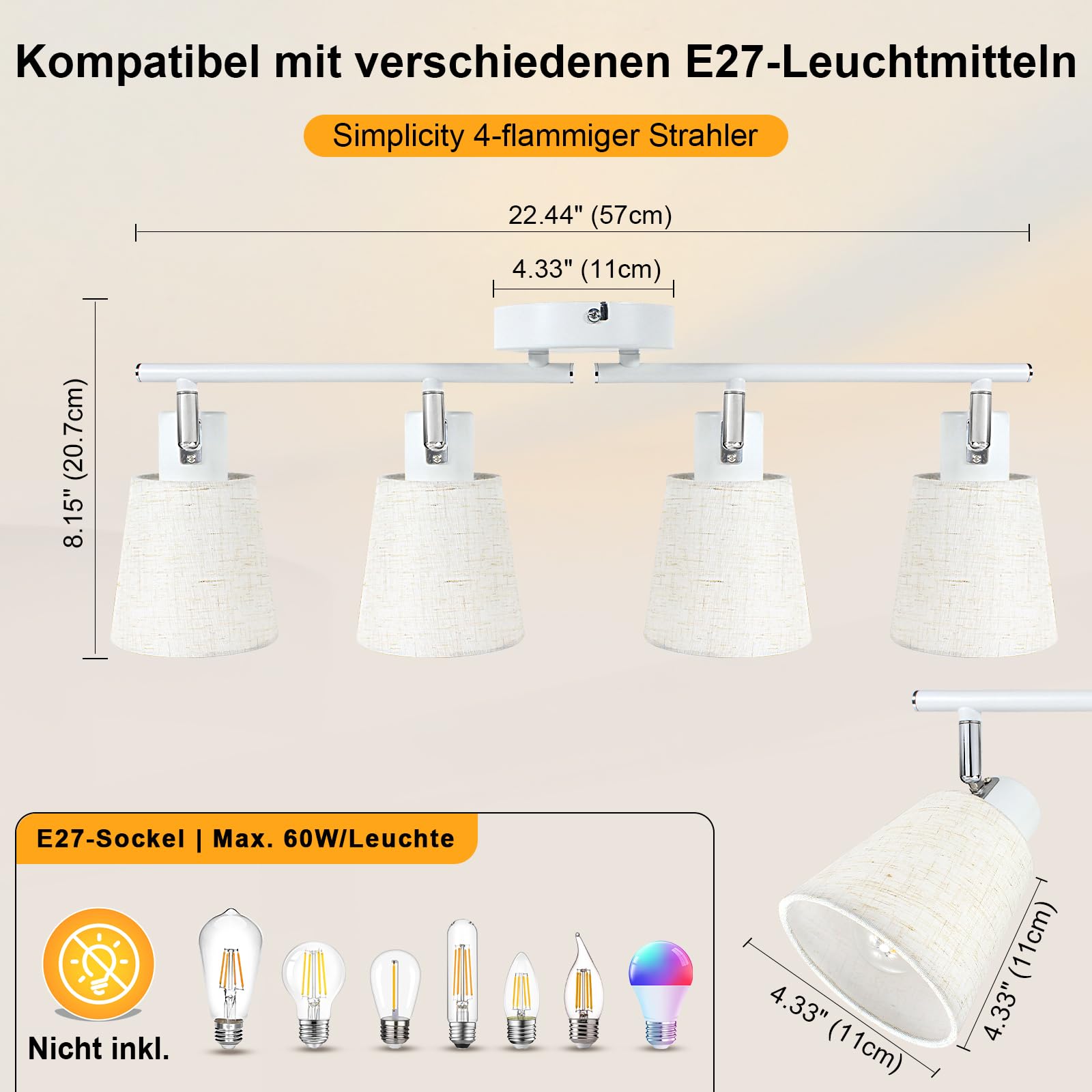 Deckenstrahler 4 Flammig Deckenlampe E27 Weiß | Deckenleuchte Schwenkbar 350°, Leinen Lampenschirm, für Wohnzimmer, Flur, Küche, Schlafzimmer, Ohne Leuchtmittel
