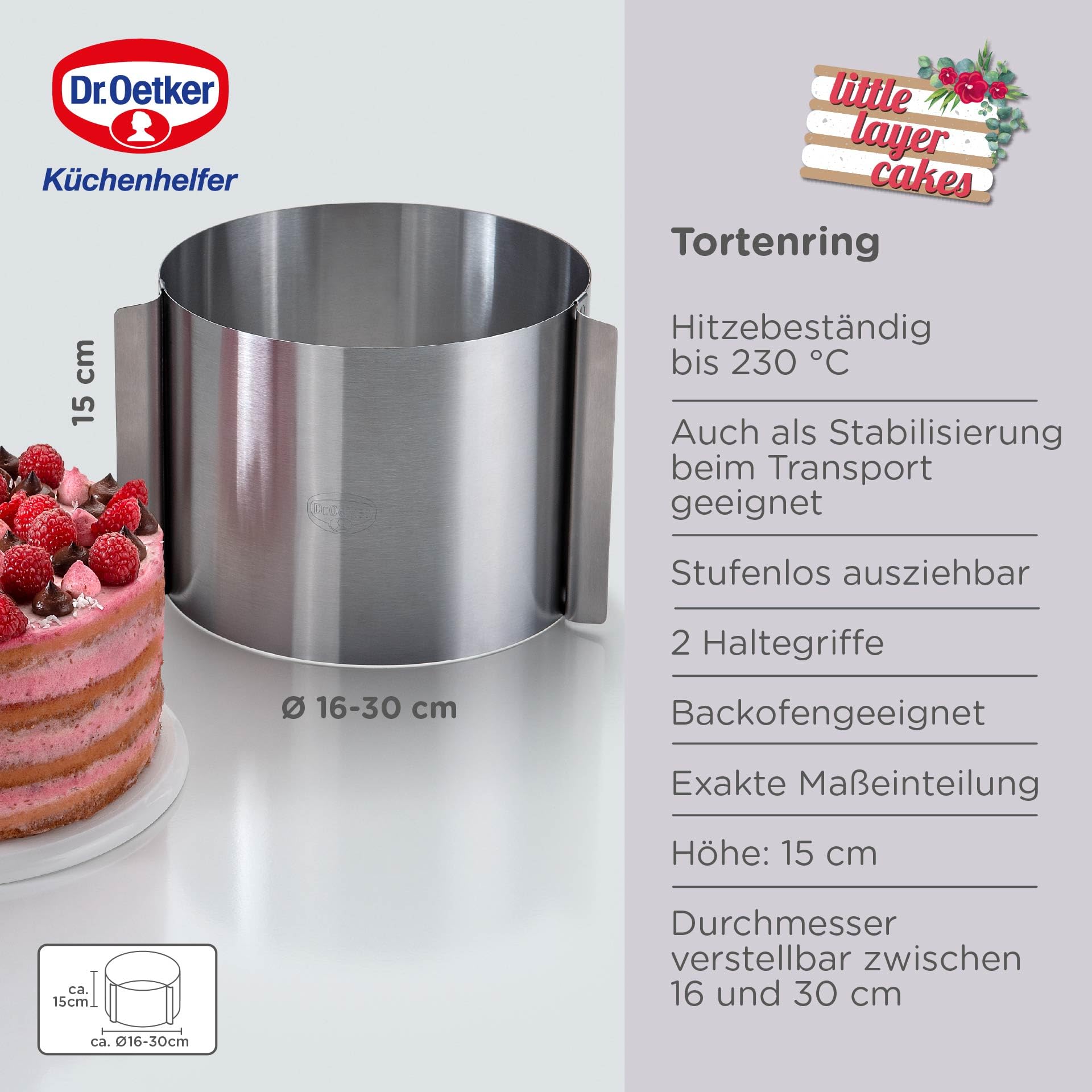 Dr. Oetker Aro para tartas profesional, ayudante de cocina extra alto, ajustable, de 16 a 30 cm, accesorio para hornear para capas o rellenar tartas, utensilios de acero inoxidable (color: plata)