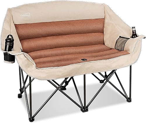 Silla de camping totalmente acolchada para 2 personas, silla de campamento de gran tamaño, sillas de campamento dobles para adultos, sofá de