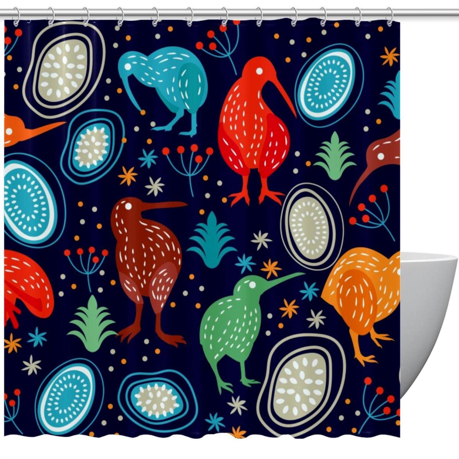 Rideau de douche imperméable anti-éclaboussures bleu marine 168x183cm motifs oiseaux