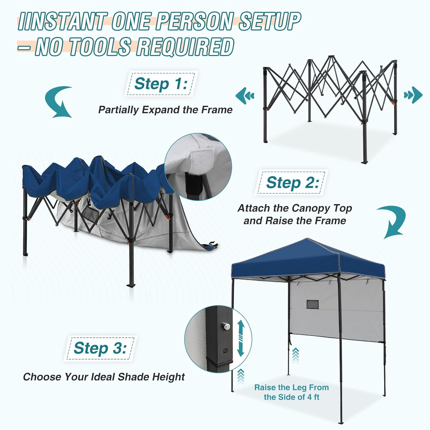 Color Blue EAGLE PEAK Instant Pop Up Canopy with Adjustable Sun Wall , Straight Lightweight Compact Portable Tent with Carry Bag, Dark Blue