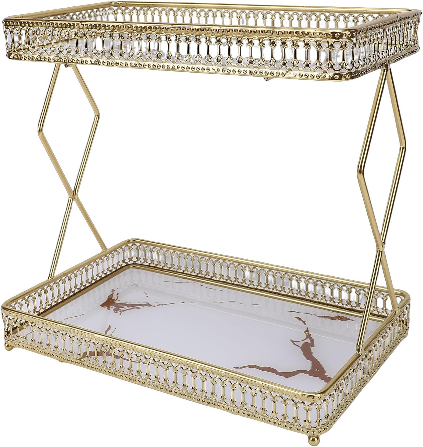 Luqeeg Bathroom Countertop Storage Shelf, Space Saving Iron Glass 2 Tier Countertop Organizer, Sink Vanity Trays Perfume for Cosmetics Perfume 11.4x7.3x10.6in (White with Gold Patterns)